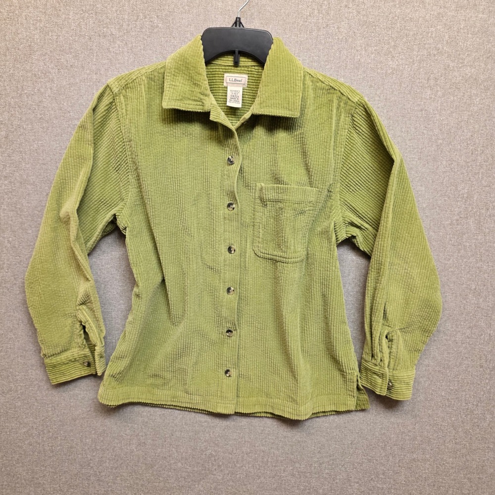 LL Bean Womens Green Corduroy Button Down Shirt S-Petite 0WJ29 Cotton Pocket
